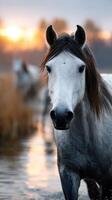 Majestic white horse wading through water during sunset in a tranquil natural setting photo