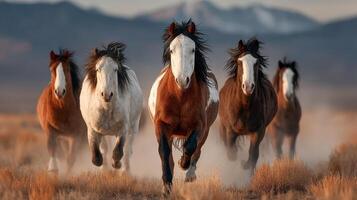 Wild horses run freely across the open plains in a stunning display of speed during golden hour photo