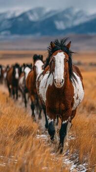 manada de caballos corriendo mediante dorado pastizales en un montañoso región durante un frío tarde foto
