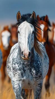 manada de caballos Galopando mediante abierto campos debajo un claro cielo en el tarde ligero foto