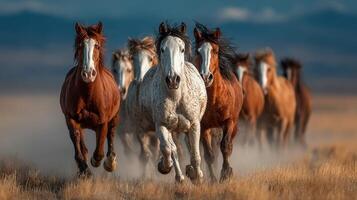 Majestic wild horses galloping across a dusty plain during golden hour in North America photo