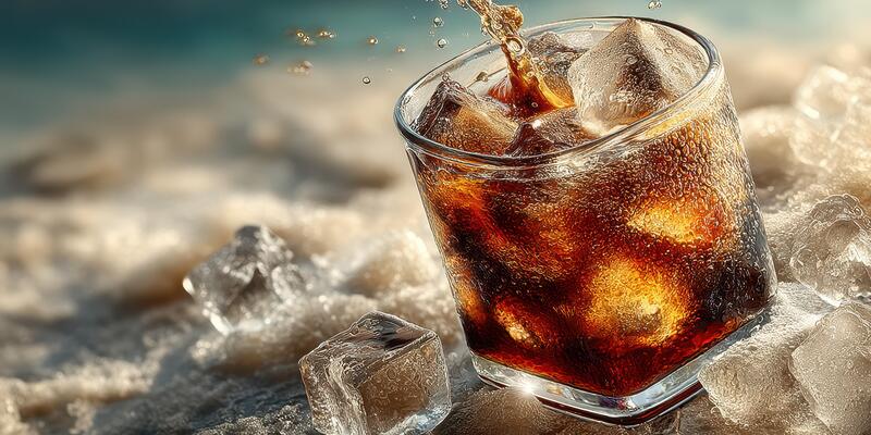 Refreshing beverage with ice cubes on a warm sunny beach backdrop during the late afternoon