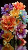 Colorful floral arrangement showcasing vibrant blooms against a dark background with reflections photo