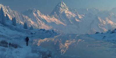 Snowy mountain landscape with a lone hiker walking beside a calm lake during early morning light photo