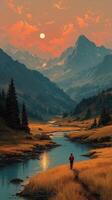 Hiker explores a serene valley under a glowing sunset in the mountains photo