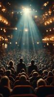 Audience members watch a captivating performance at a theater with stunning lighting and a full house photo