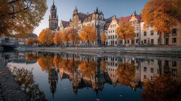 Autumn reflections on the river with historic architecture and vibrant trees in Dresden at sunset photo