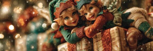 Festive elves celebrate Christmas surrounded by colorful presents and holiday decorations in a cozy setting photo