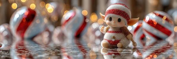 Holiday elf decoration with striped hat among shimmering ornaments in a festive setting photo