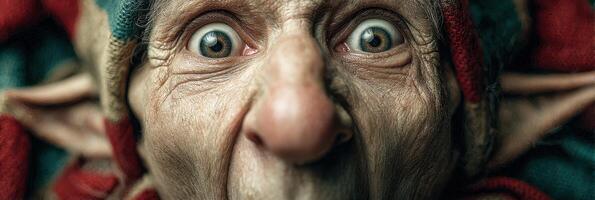 Close-up view of a mythical creature expressing surprise with wide-open eyes and detailed facial features photo