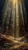 Golden light rays illuminate sparkling particles in a dark space environment photo