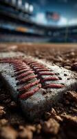 Details of a baseball resting on the ground at a baseball field before a game on a sunny day photo