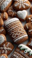 Deliciously decorated gingerbread cookies arranged artistically on a smooth surface during the holiday season photo