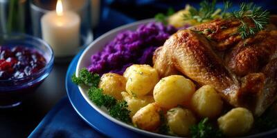 Delicious roasted chicken with potatoes, purple cabbage, and sauce on a blue plate during a festive dinner setting photo
