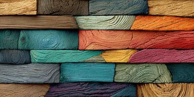 Colorful wooden planks arranged in a vibrant mosaic pattern showcasing unique textures and hues in natural light photo