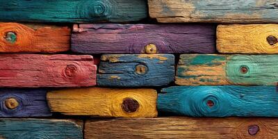 Colorful wooden planks arranged in a textured pattern at an outdoor art installation during summer photo