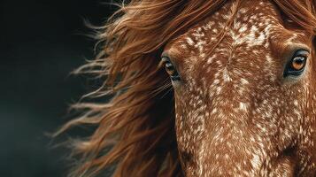 Majestic brown horse with flowing mane gazes intensely at the camera in a dramatic close-up during a calm afternoon photo