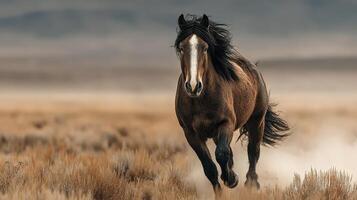 Majestic horse running swiftly across an open grassland in a vibrant sunset photo