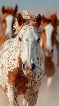 manada de manchado caballos corriendo en arenoso suelo debajo un claro cielo durante luz horas foto