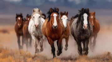 Wild horses galloping through the dusty landscape in a remote location at sunset photo