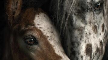 Close bond between a foal and a spotted horse captured in intimate moment at a stable during twilight hours photo