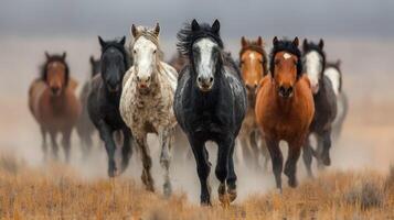 Herd of wild horses galloping through dusty plains under a cloudy sky at sunset photo