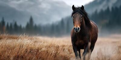 Majestic horse walking through golden grass with mountains in the background during early morning light photo