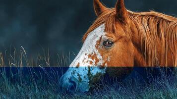 Beautiful chestnut horse grazing peacefully in tall grass during golden hour in a serene countryside setting photo