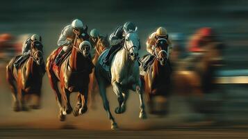 Fast horses race to the finish line at a lively equestrian event in the afternoon sun photo