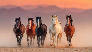 Horses gallop across desert terrain at sunset, creating a stunning display of movement and beauty in the natural landscape photo