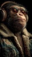 Stylish monkey enjoys music in headphones with a casual denim jacket during a relaxed moment photo