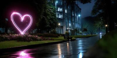 Heart-shaped neon glow illuminates a park path at night with reflections on wet pavement in a modern urban setting photo
