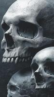 Multiple human skulls stacked against a textured dark background, highlighting intricate details and texture of the bones photo