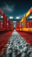 Brightly colored track and field lane with vibrant starting blocks at a sporting venue during daytime photo