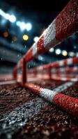 Detailed close-up of a track barrier during a rain-soaked sports event at night with lights illuminating the scene photo