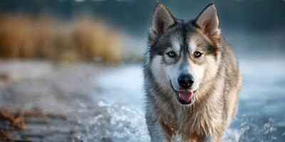 Wolf-like dog splashes through shallow water in serene landscape during golden hour photo