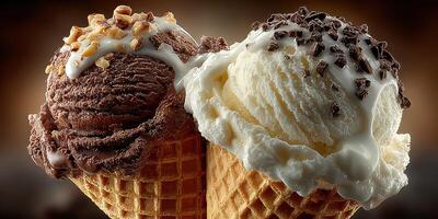 Delicious chocolate and vanilla ice cream cones served in crispy waffle cones at a dessert shop photo
