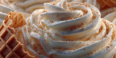 Delicious swirl of creamy dessert served in a crispy waffle cone with decorative crumbs on top photo