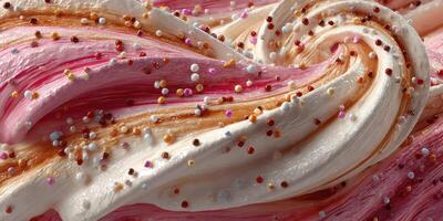Colorful swirls of frosting with sprinkles create a delightful dessert topping photo