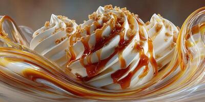 Delicious swirl of creamy dessert topped with caramel drizzle and crunchy bits in a glass dish photo