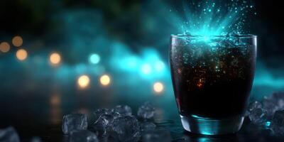 Sparkling drink with ice and glowing effects captured in a nighttime setting photo