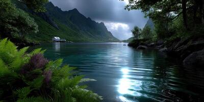 Calm waters reflect mountains under a moody sky in a serene natural setting at dusk photo