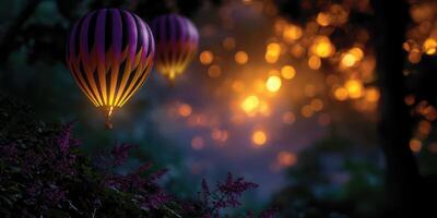 Colorful hot air balloons ascend against a dreamy sunset backdrop in a serene landscape celebrating evening beauty photo