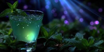 Refreshing mint beverage served in glass amidst vibrant green leaves and a soft glowing background at night photo