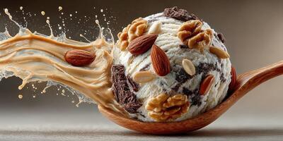 Delicious scoop of ice cream with nuts and chocolate creating a splash in a wooden spoon photo