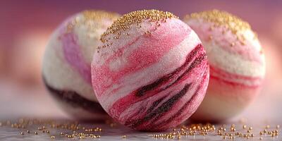 Colorful bath bombs with glitter on a marble surface against a soft gradient background photo