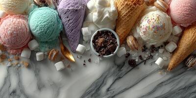 Colorful assortment of ice cream scoops and toppings on a marble surface ready for a summer treat photo