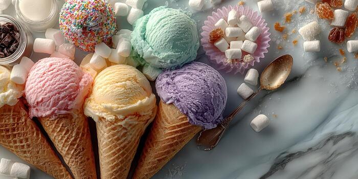 Colorful ice cream cones arranged on a marble surface with toppings and marshmallows adding a touch of sweetness photo