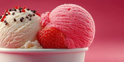 Colorful strawberry and vanilla ice cream served in a bowl with juicy strawberries on a bright pink background photo