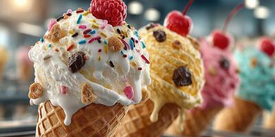Delicious ice cream cones displayed at a summer festival, showcasing vibrant flavors and toppings in a cheerful atmosphere photo